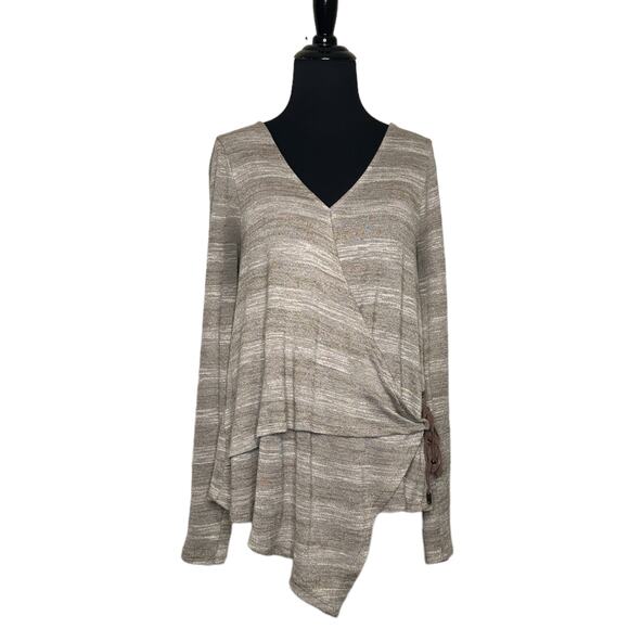 Entro light brown front crossed asymmetrical long sleeves v neck top size M - Picture 4 of 13